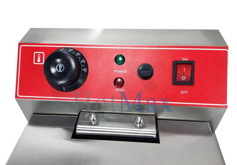 На панелі управління професійної фритюрниці Frosty EF-171V розташований регулятор температури нагріву масла, індикатори роботи і кнопка включення